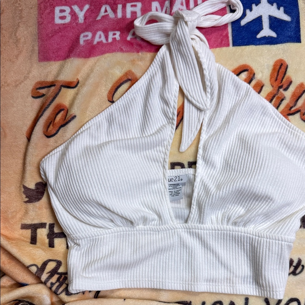 Rue21 White Ribbed halter crop top size M PTP 13